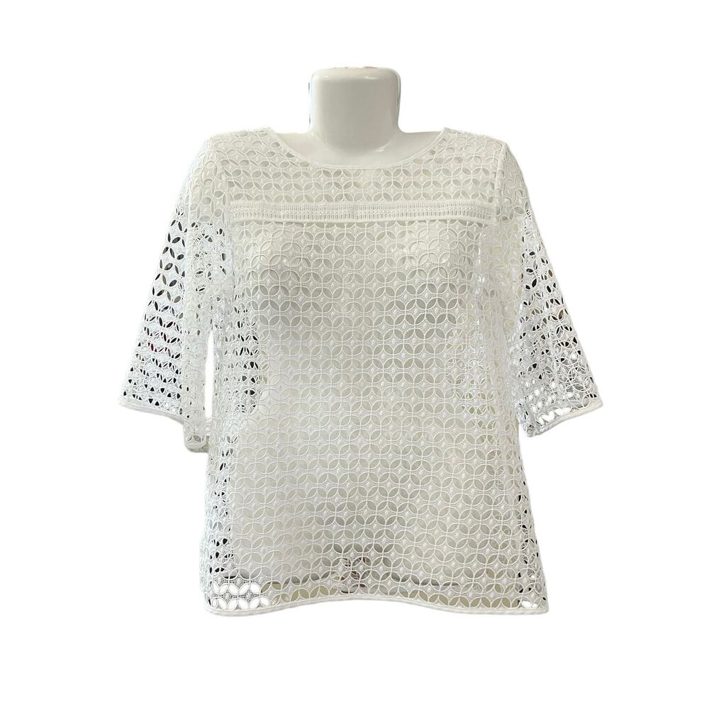 Loft Women's White Crochet Open Knit Elbow Feminine Elegance Overlay Top SZ XS - Picture 2 of 11